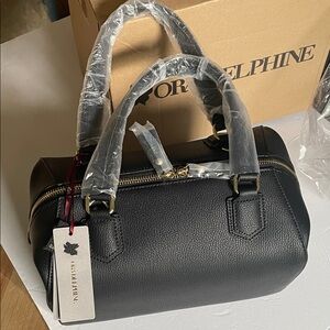 Ora Delphine Josie Black Pebbled Leather Satchel Handbag with Gold Logo Accent